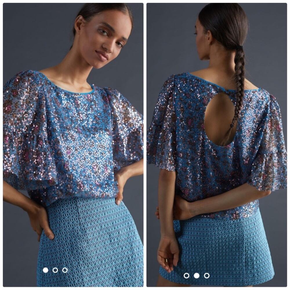 Anthropologie Maeve Blue and Pink Sequined‎ Blouse Ruffled Sleeve Size Small
